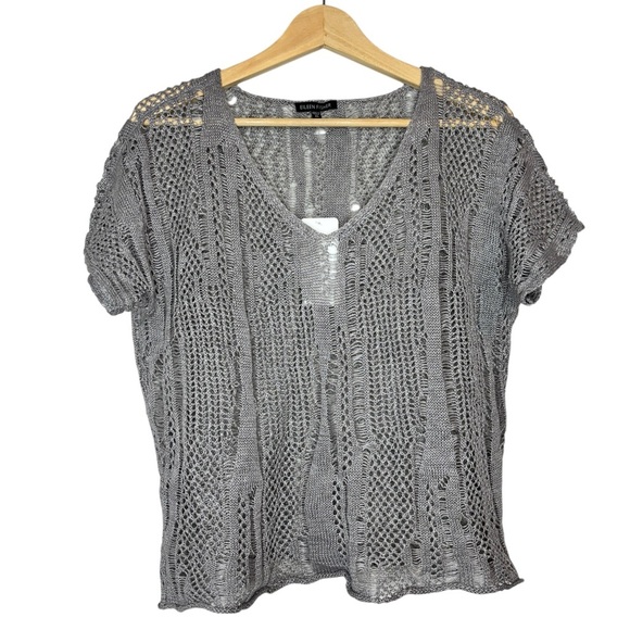Eileen Fisher Gray Linen Metallic Blend Open Knit V-Neck Short